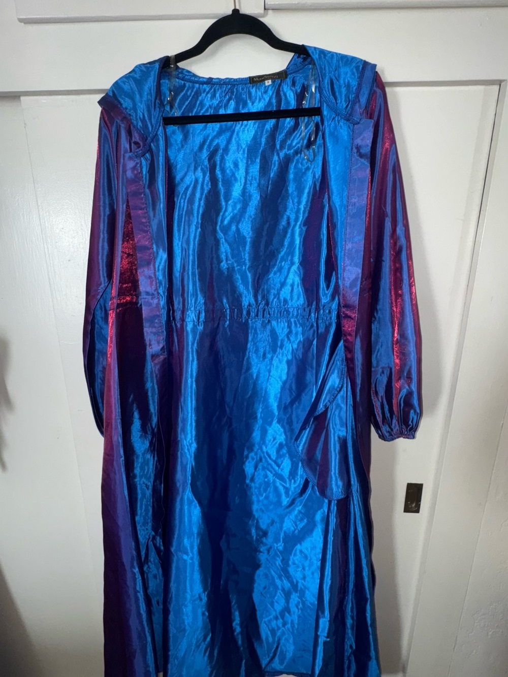 Satin Hooded Rain Duster in Shimmering Blue & Purple